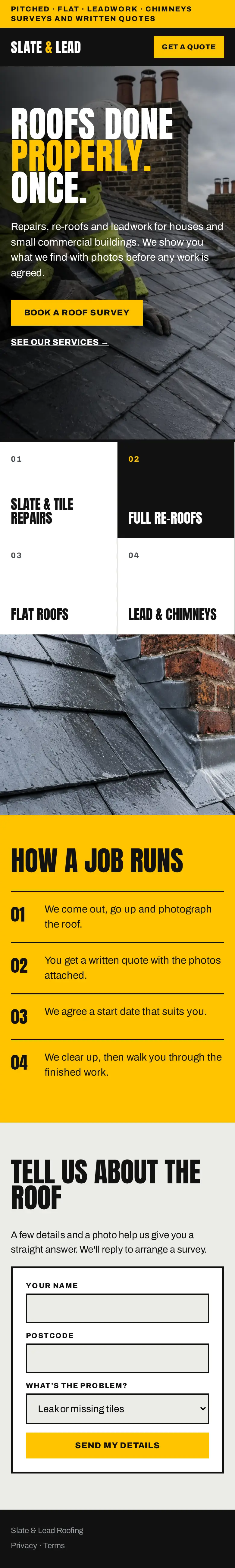 Full-length mobile view of the Roofing contractor concept website