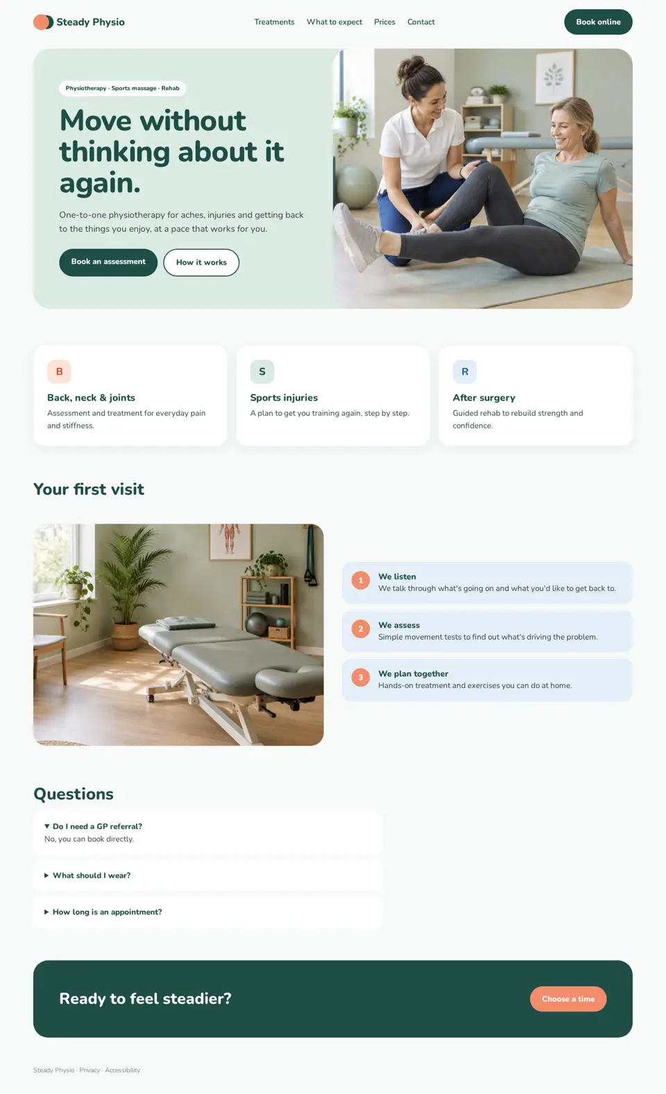 Full-length view of the physiotherapy clinic concept website