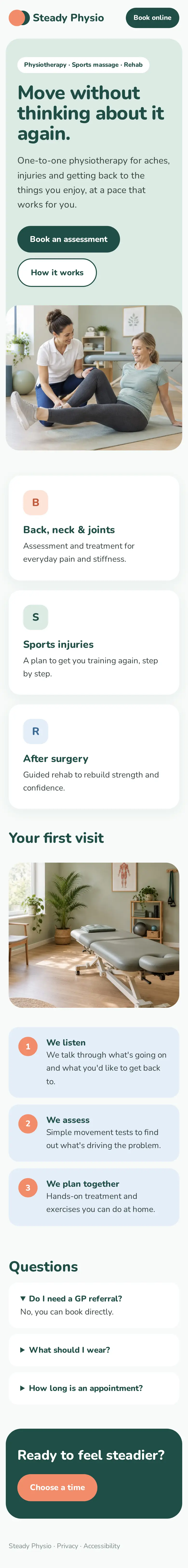 Full-length mobile view of the Physiotherapy clinic concept website